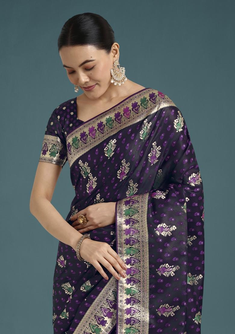 Purple Zari Woven Banarasi Satin Silk Saree Set