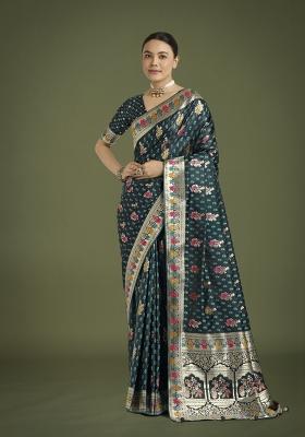 Dark Teal Blue Zari Woven Banarasi Satin Silk Saree Set