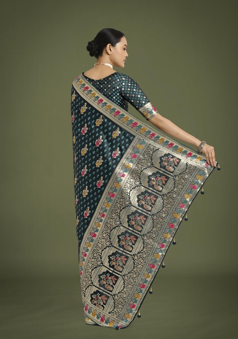 Dark Teal Blue Zari Woven Banarasi Satin Silk Saree Set
