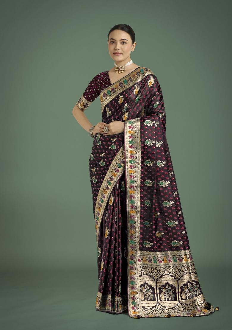 Maroon Zari Woven Banarasi Satin Silk Saree Set