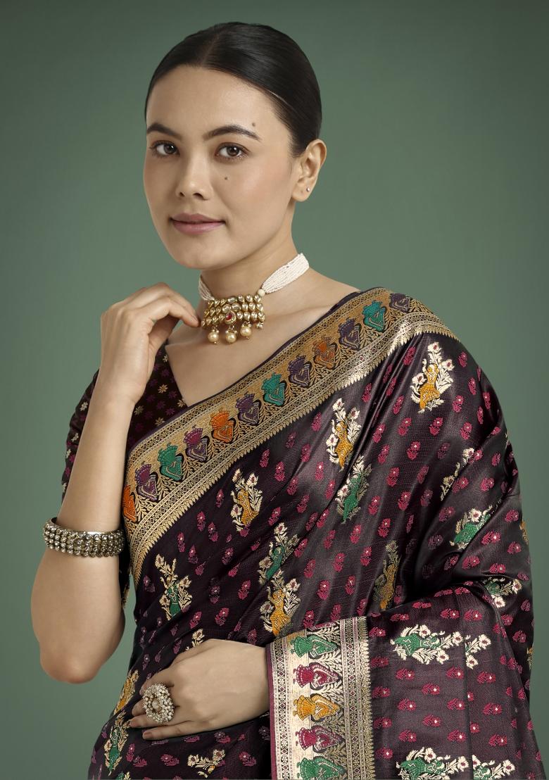 Maroon Zari Woven Banarasi Satin Silk Saree Set