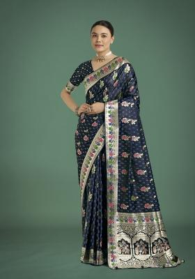 Dark Blue Zari Woven Banarasi Satin Silk Saree Set