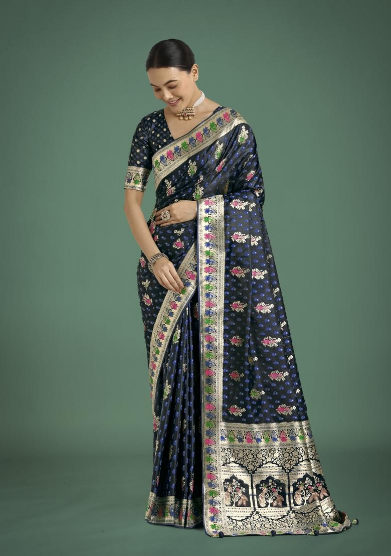 Dark Blue Zari Woven Banarasi Satin Silk Saree Set