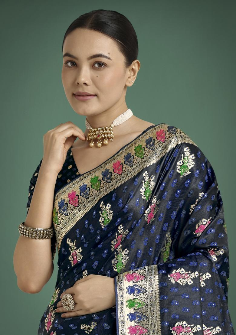 Dark Blue Zari Woven Banarasi Satin Silk Saree Set