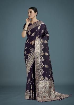 Dark Purple Zari Woven Banarasi Satin Silk Saree Set