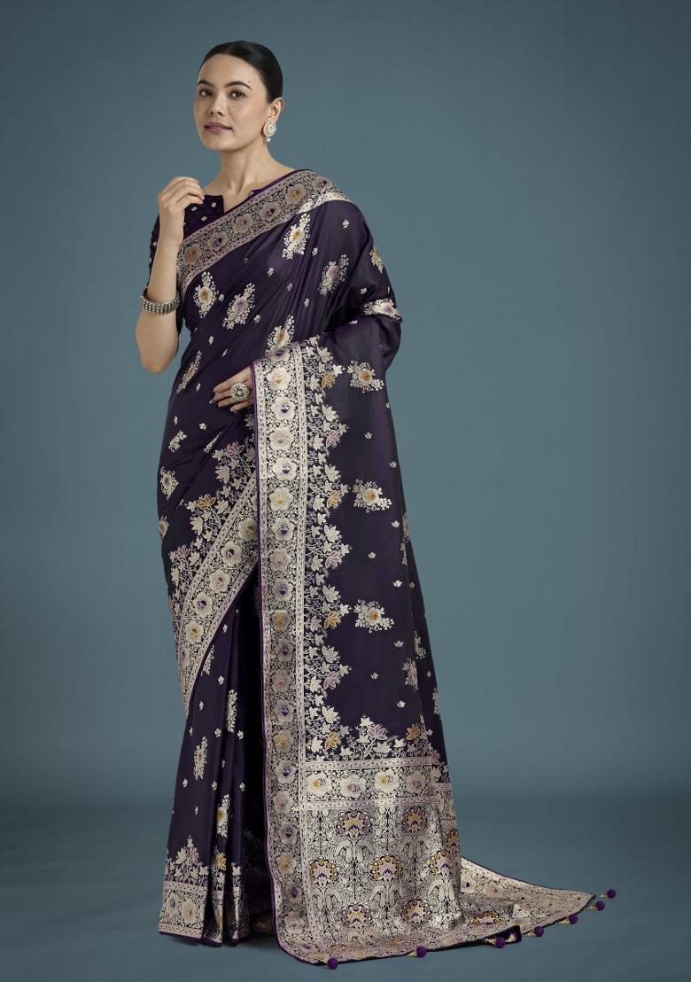 Dark Purple Zari Woven Banarasi Satin Silk Saree Set