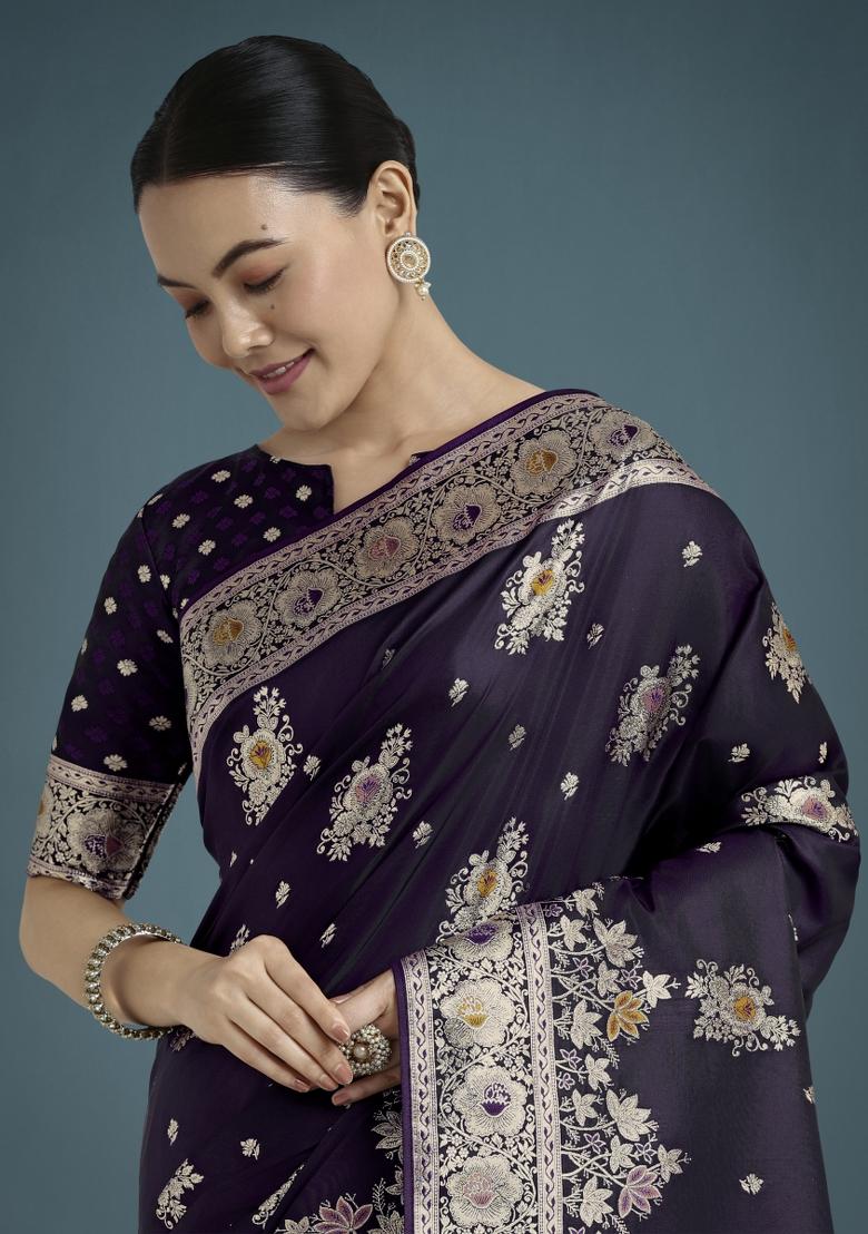 Dark Purple Zari Woven Banarasi Satin Silk Saree Set