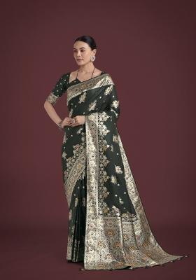 Dark Green Zari Woven Banarasi Satin Silk Saree Set