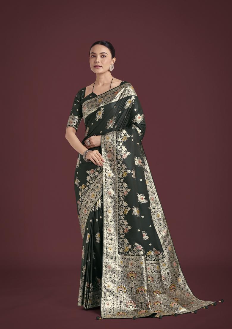 Dark Green Zari Woven Banarasi Satin Silk Saree Set