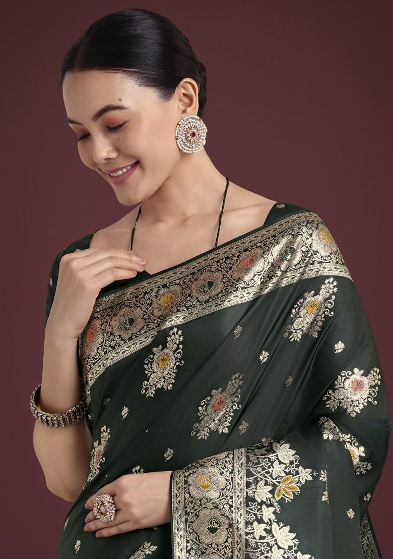 Dark Green Zari Woven Banarasi Satin Silk Saree Set