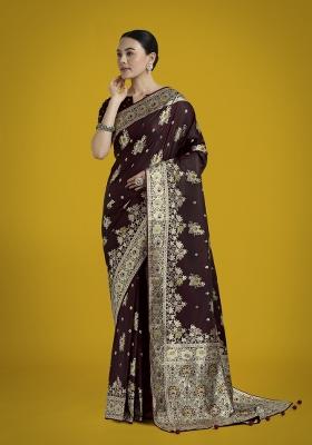 Dark Maroon Zari Woven Banarasi Satin Silk Saree Set