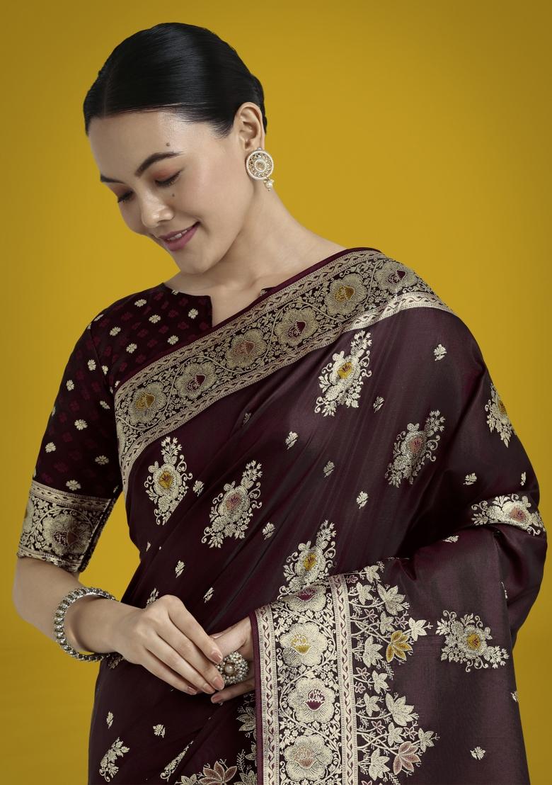 Dark Maroon Zari Woven Banarasi Satin Silk Saree Set