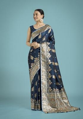 Dark Teal Blue Zari Woven Banarasi Satin Silk Saree Set