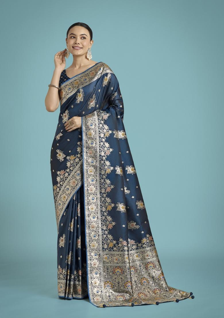 Dark Teal Blue Zari Woven Banarasi Satin Silk Saree Set