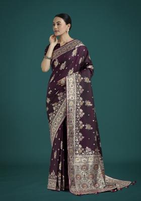 Dark Wine Zari Woven Banarasi Satin Silk Saree Set