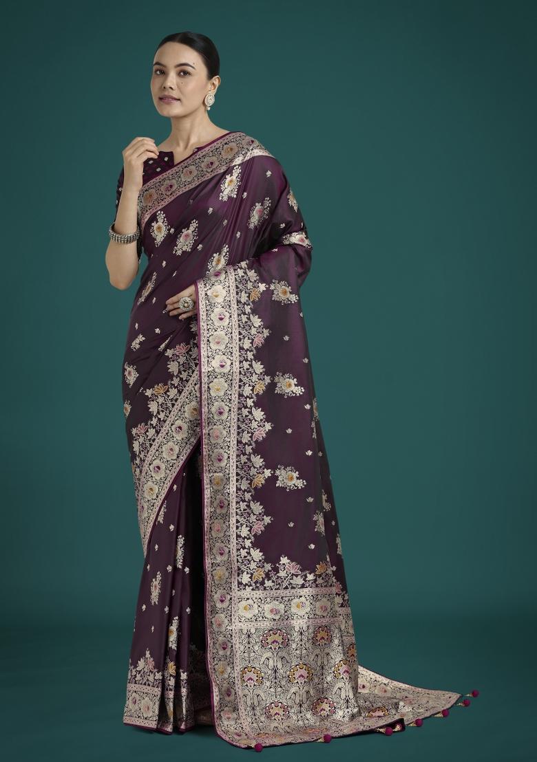 Dark Wine Zari Woven Banarasi Satin Silk Saree Set