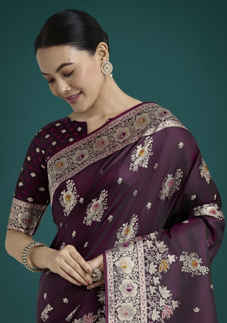 Dark Wine Zari Woven Banarasi Satin Silk Saree Set