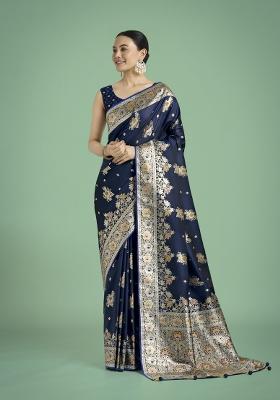 Dark Blue Zari Woven Banarasi Satin Silk Saree Set
