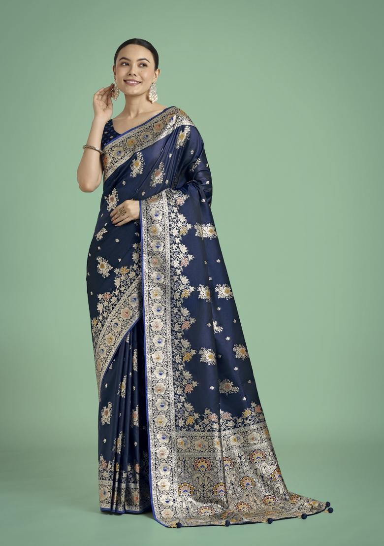 Dark Blue Zari Woven Banarasi Satin Silk Saree Set