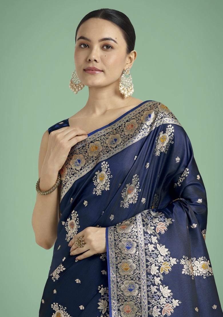 Dark Blue Zari Woven Banarasi Satin Silk Saree Set