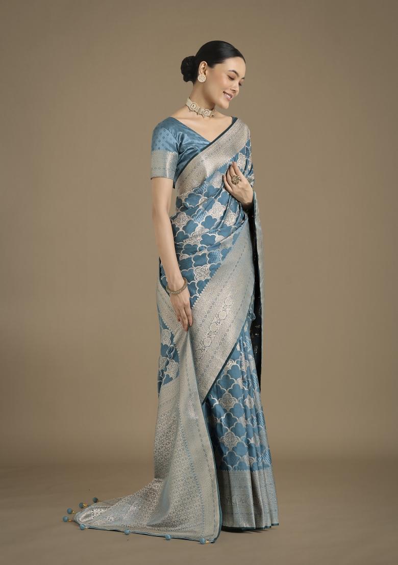 Cyan Blue Zari Woven Banarasi Satin Silk Saree Set