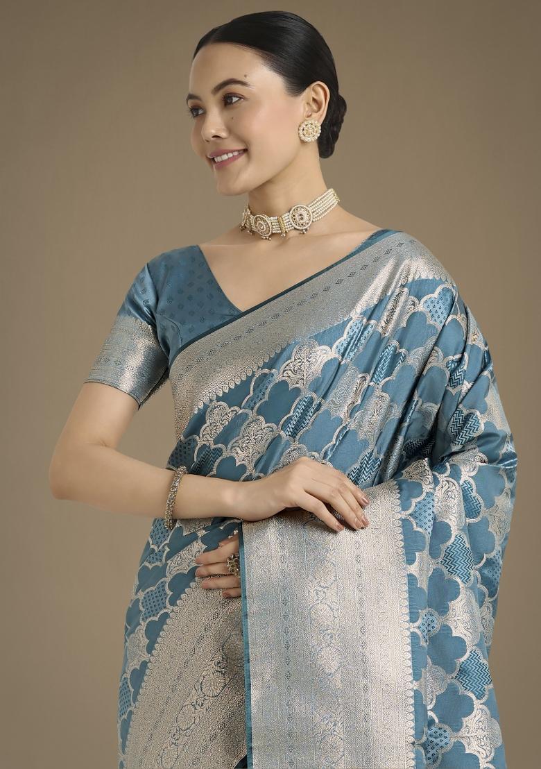 Cyan Blue Zari Woven Banarasi Satin Silk Saree Set