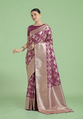 Rose Pink Zari Woven Banarasi Satin Silk Saree Set