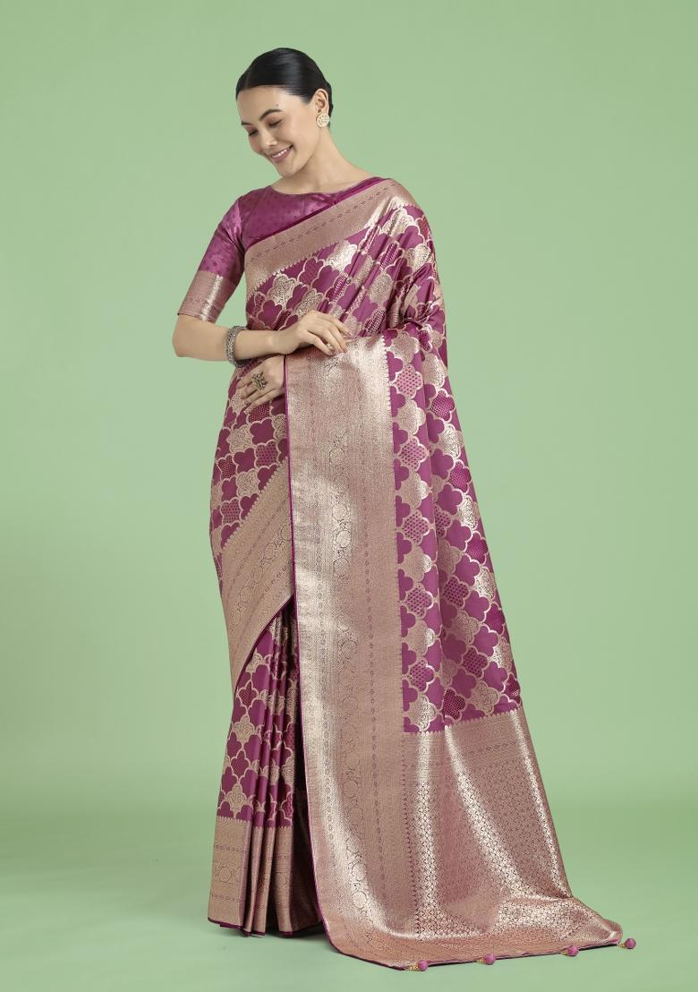 Rose Pink Zari Woven Banarasi Satin Silk Saree Set