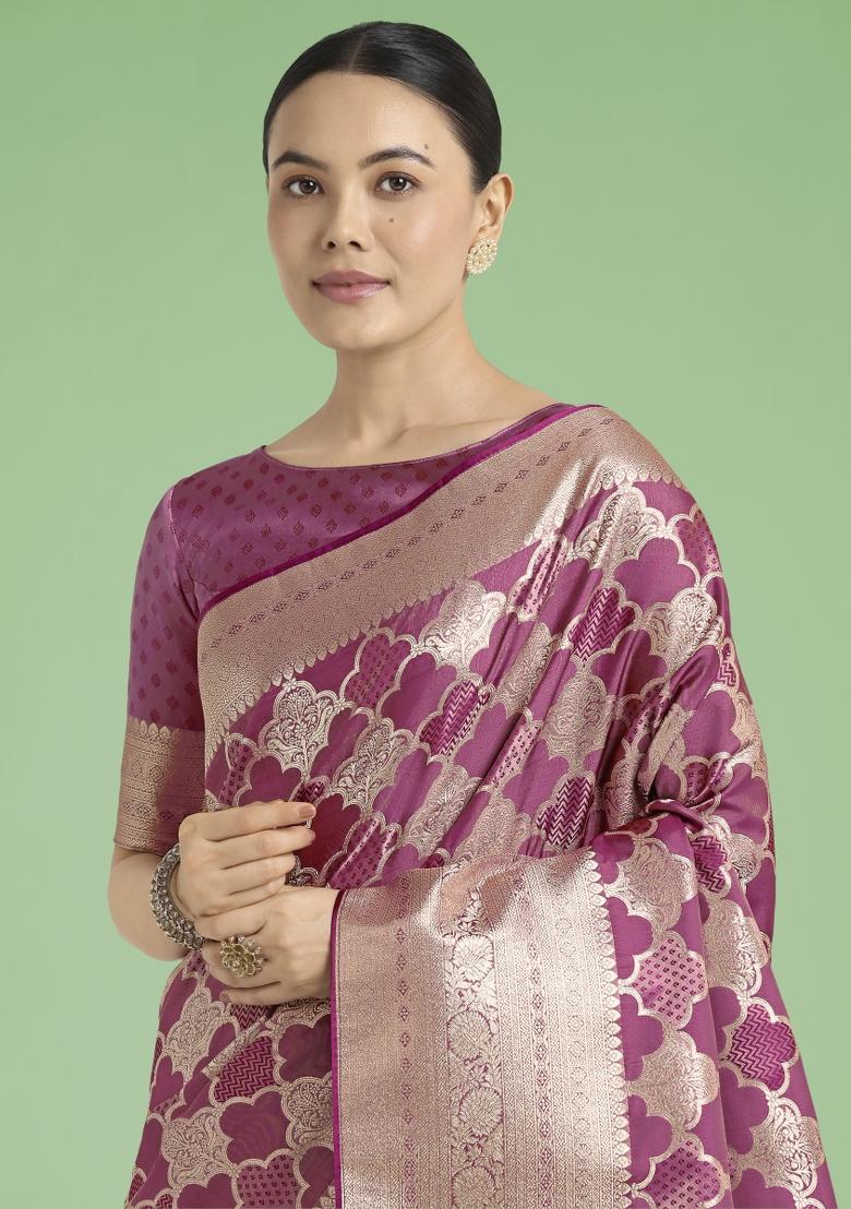 Rose Pink Zari Woven Banarasi Satin Silk Saree Set