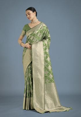 Green Zari Woven Banarasi Satin Silk Saree Set