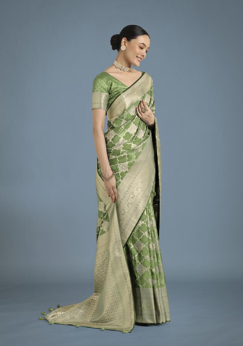 Green Zari Woven Banarasi Satin Silk Saree Set