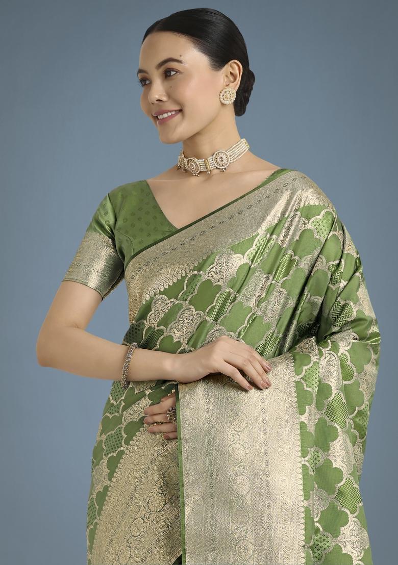 Green Zari Woven Banarasi Satin Silk Saree Set