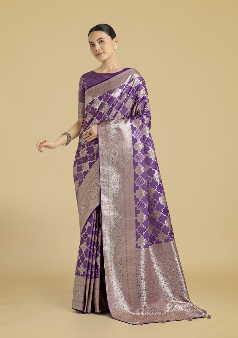 Purple Zari Woven Banarasi Satin Silk Saree Set