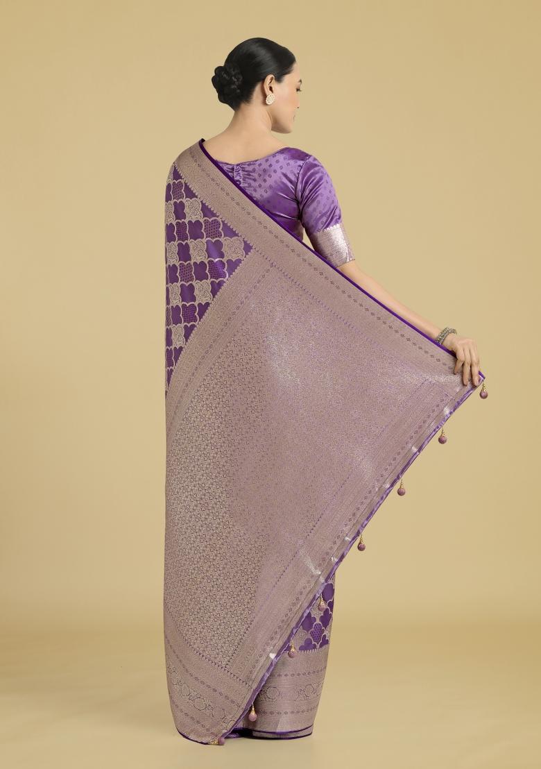 Purple Zari Woven Banarasi Satin Silk Saree Set