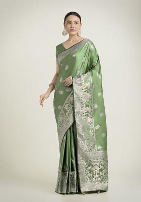Light Green Zari Woven Banarasi Satin Silk Saree Set