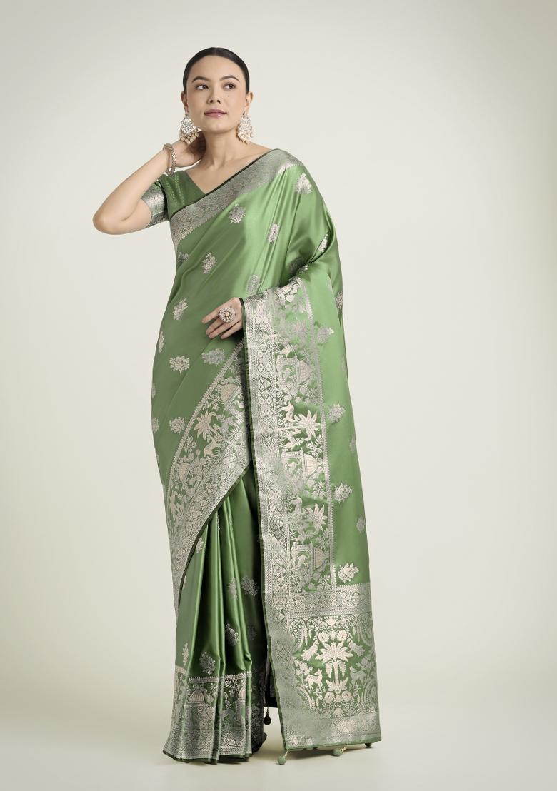 Light Green Zari Woven Banarasi Satin Silk Saree Set