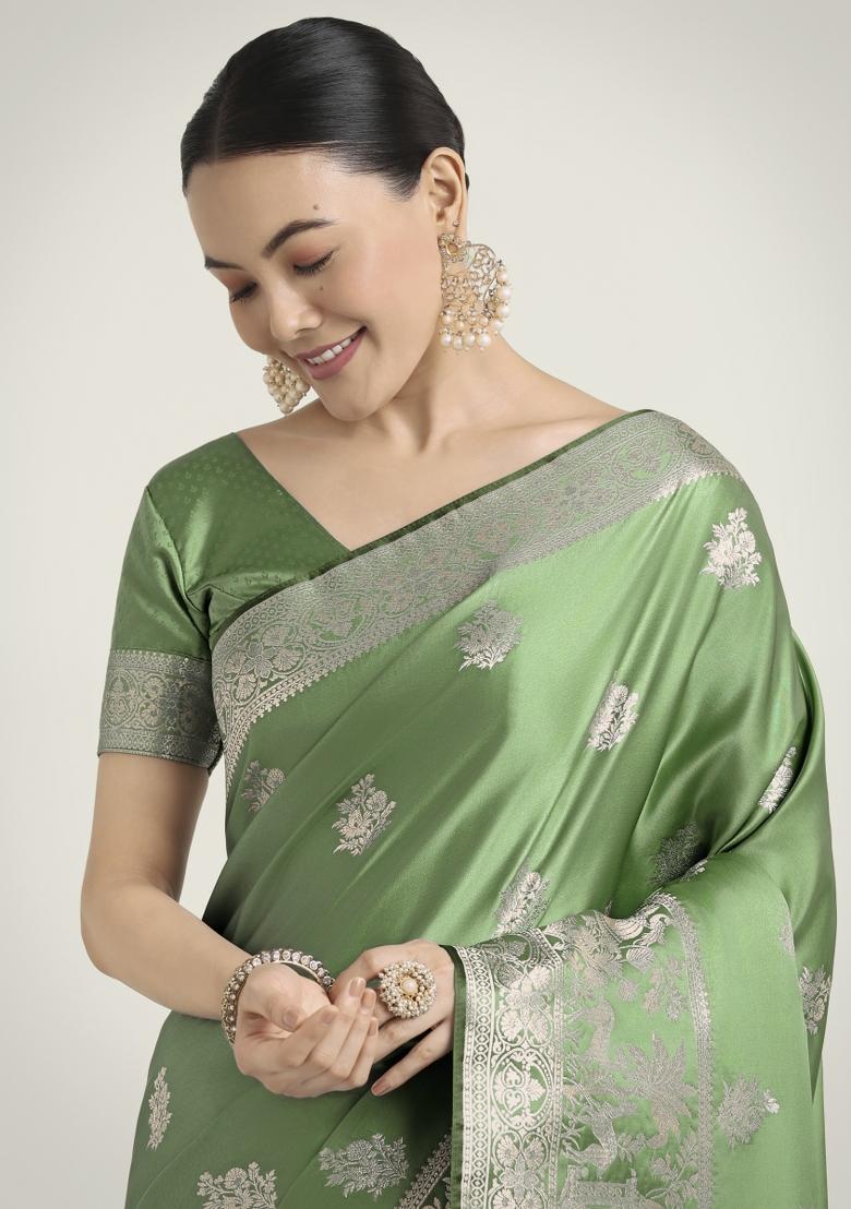 Light Green Zari Woven Banarasi Satin Silk Saree Set