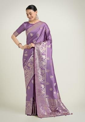 Lavender Zari Woven Banarasi Satin Silk Saree Set