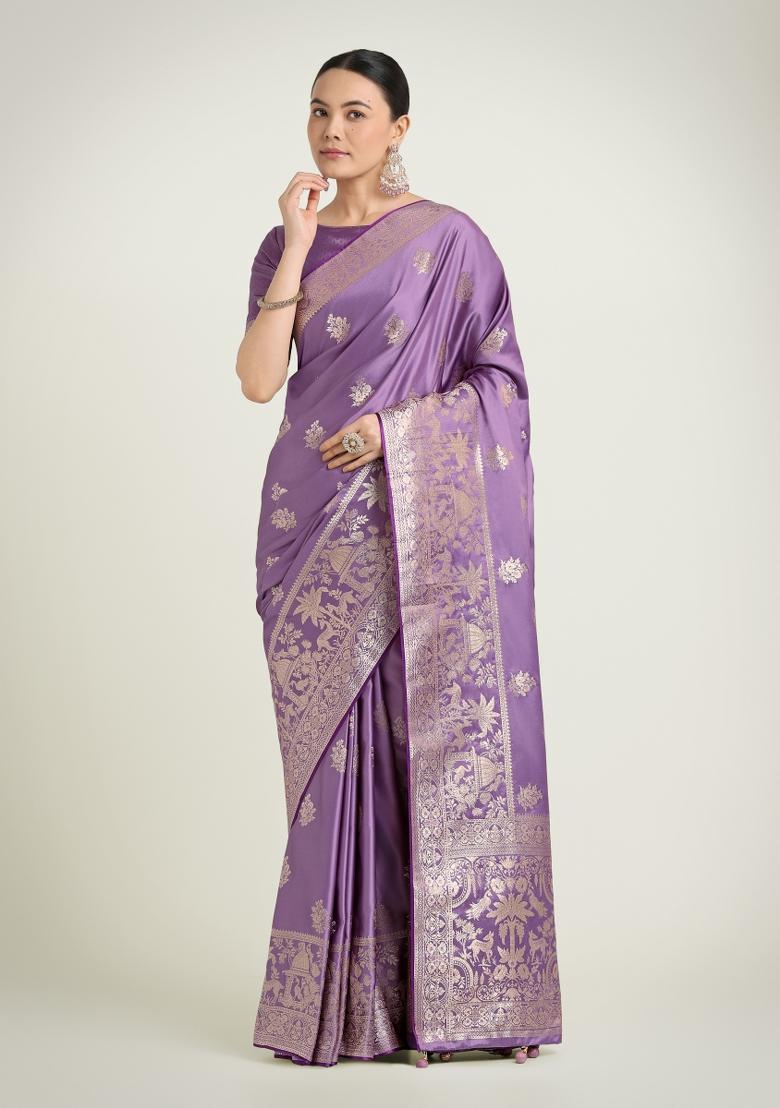 Lavender Zari Woven Banarasi Satin Silk Saree Set