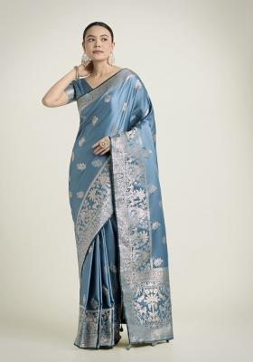 Cyan Blue Zari Woven Banarasi Satin Silk Saree Set