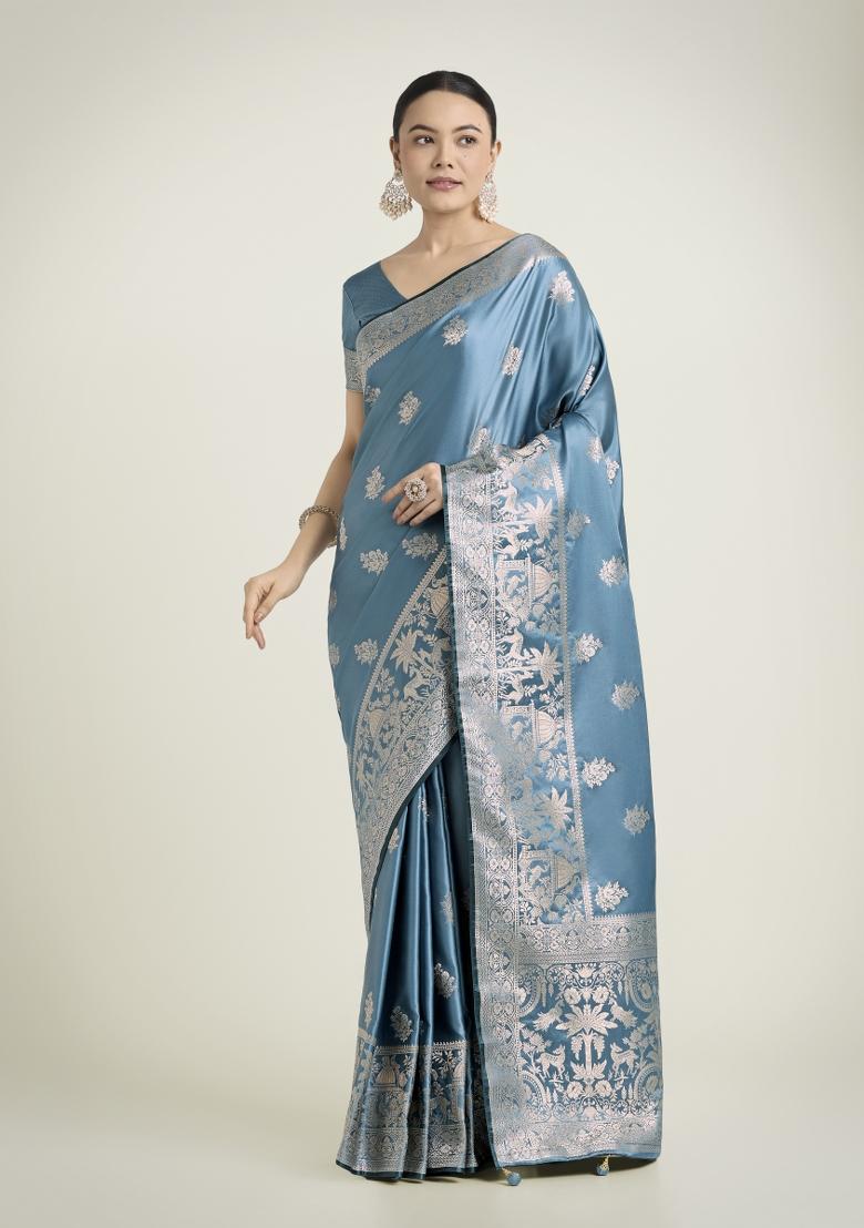 Cyan Blue Zari Woven Banarasi Satin Silk Saree Set