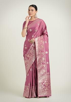 Dusty Pink Zari Woven Banarasi Satin Silk Saree Set
