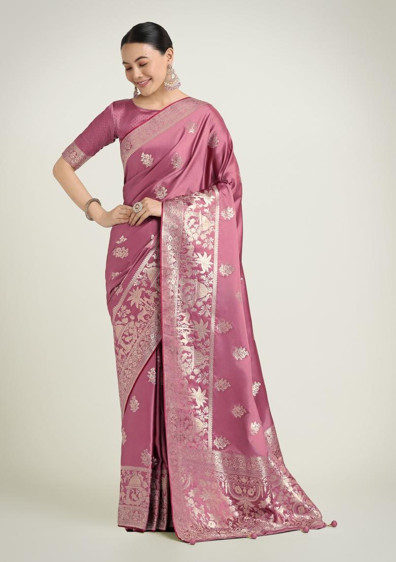 Dusty Pink Zari Woven Banarasi Satin Silk Saree Set