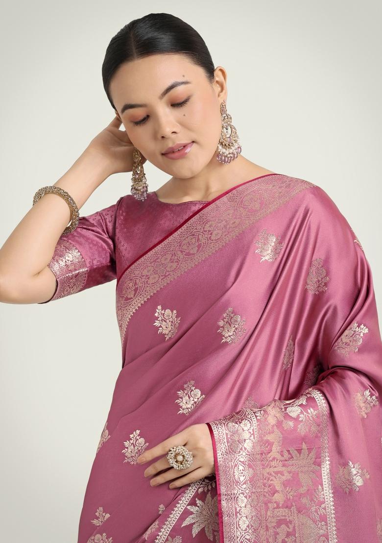 Dusty Pink Zari Woven Banarasi Satin Silk Saree Set