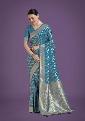 Cyan Blue Zari Woven Banarasi Satin Silk Saree Set