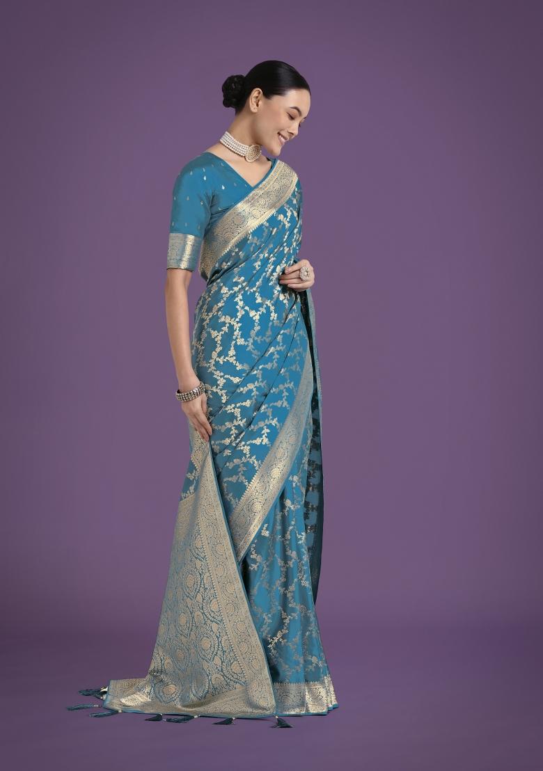 Cyan Blue Zari Woven Banarasi Satin Silk Saree Set