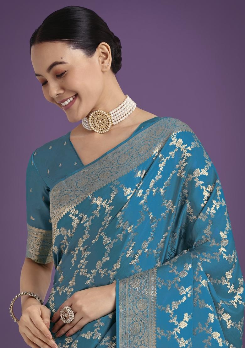 Cyan Blue Zari Woven Banarasi Satin Silk Saree Set