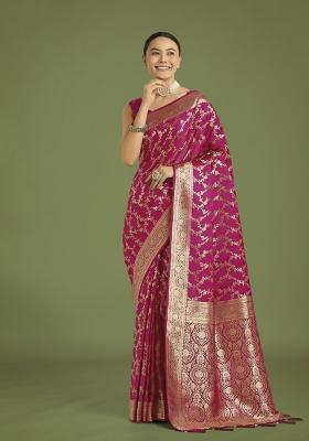 Rani Pink Zari Woven Banarasi Satin Silk Saree Set