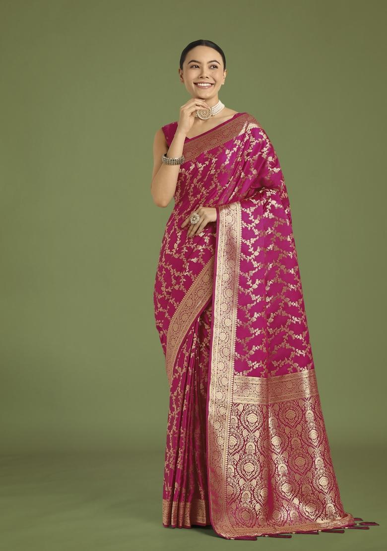 Rani Pink Zari Woven Banarasi Satin Silk Saree Set