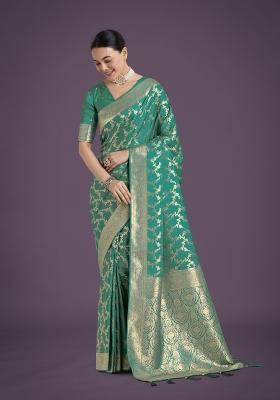 Turquoise Blue Zari Woven Banarasi Satin Silk Saree Set